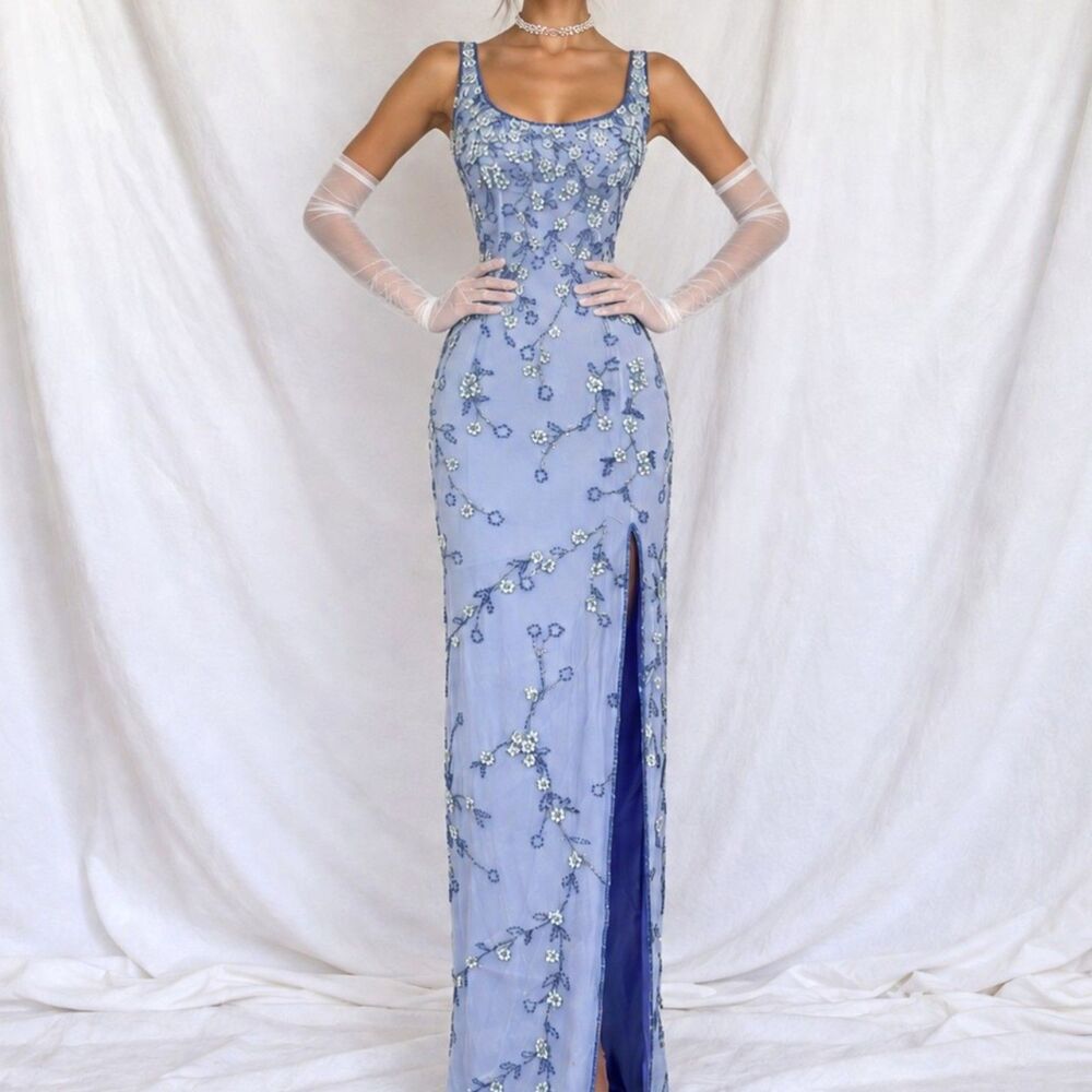 Vintage Y2K Blue Floral Applique Beaded Side Slit Bodycon Maxi Prom Dress XS/S